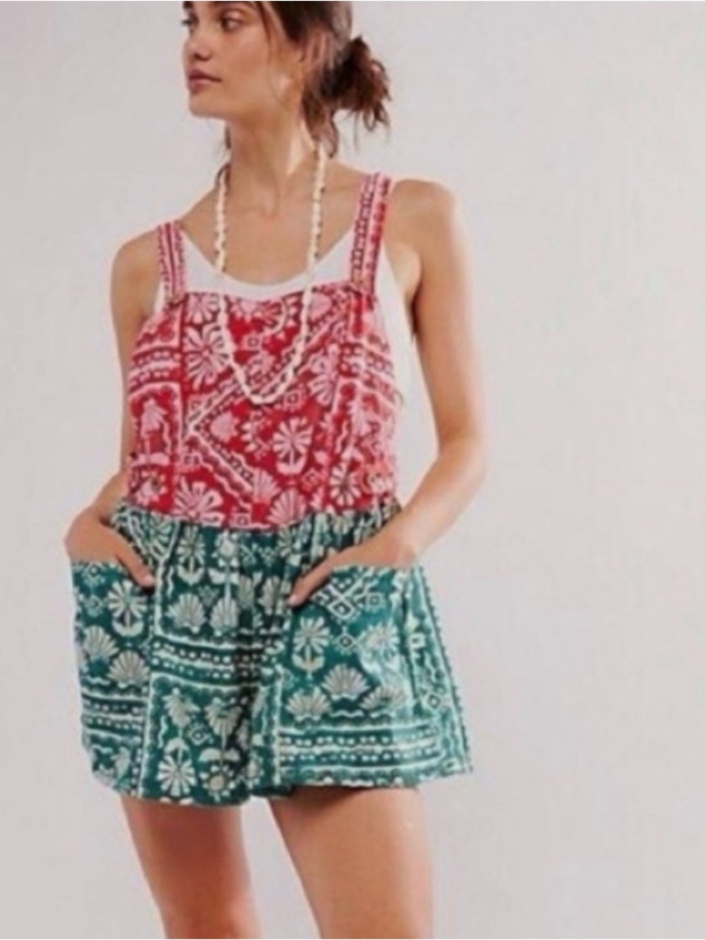 Free People Red  Green Combo Tropical Short Romper, Size S, NWOT‎